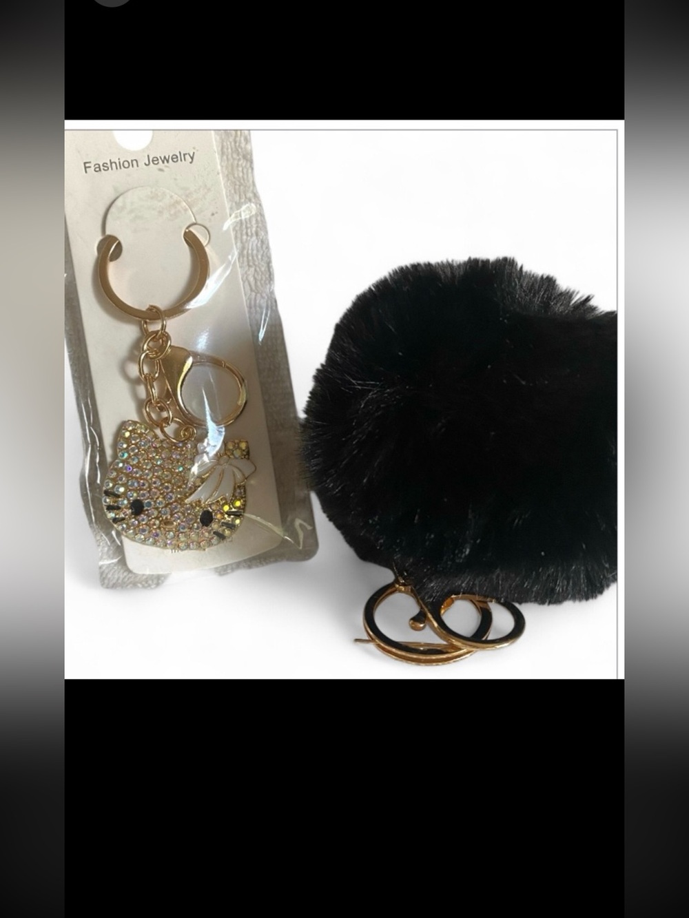Hello Kitty 2pc Black Pom Pom Keychain bag charm with Rhinestone kitty